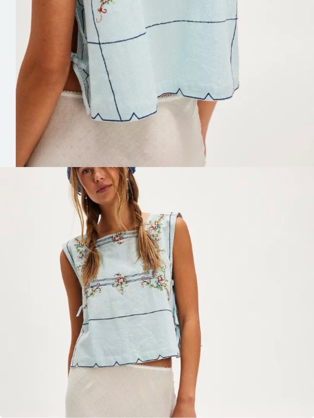 Free People Light Blue Embroidered Square-Yoke Tunic